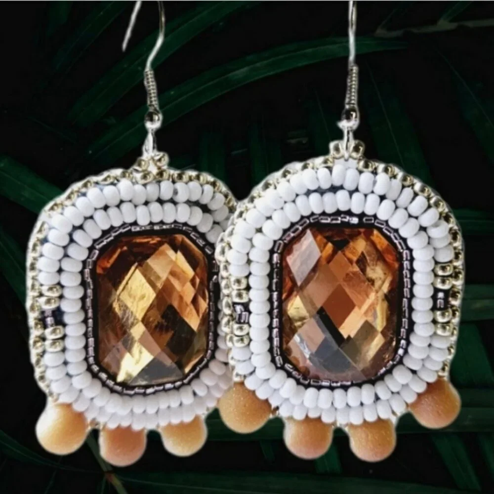 2/$27 | Orange + White Beaded Bohemian Indigenous Hoop Earrings | Handmade - Picture 3 of 7